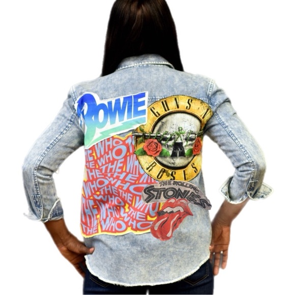 Tops - Oversized Light Wash Button Down W/ Rock Back Patch